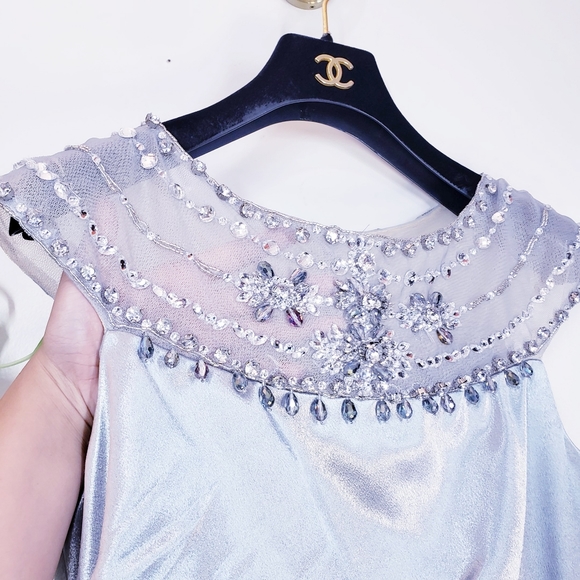 $299 NWT ADRIANNA PAPELL Women's Silver Maxi Dress 4 SMALL Mesh Beaded Ruched - Picture 8 of 12